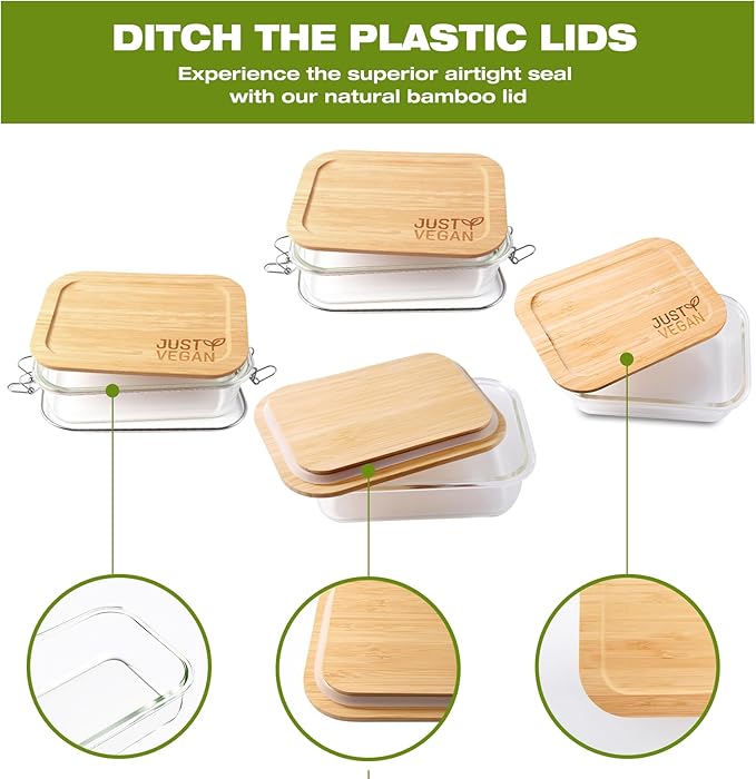 Airtight Glass Food Storage Containers with Bamboo Lids, Set of 2 Secure-Seal Containers for Meal Prep, 100% Leakproof, Plastic Free, Oven & Microwave Safe (2 Pack)
