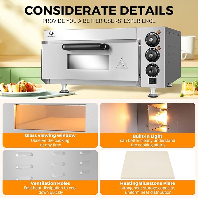 BEAMNOVA Commercial 16" Pizza Oven, Countertop, 20L, 12 Inch Pizza Pan & 16 Inch Pizza Stone, 0-60min Timer, 50-350°C, for Restaurant Home, Electric Baked Pretzels Machine