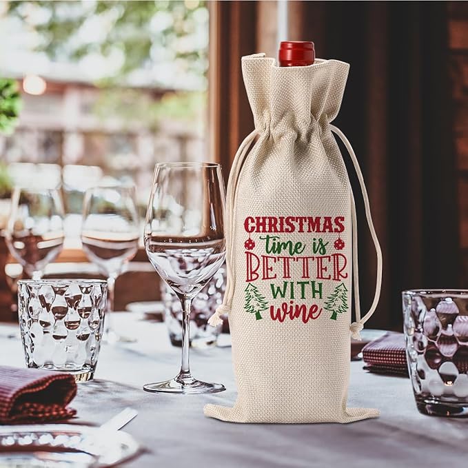 FBCCZEY Christmas Wine Bag Merry Christmas Wine Bottle Gift Bags With Drawstring Xmas Party Decorations Gifts for New Year Holiday Wedding Parties Time Is Better With Wine Bottle Wraps Bags