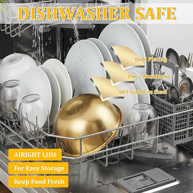 SHENLIU 7 Pcs Gold Mixing Bowls with Airtight Lids, Stainless Steel Mixing Bowls Metal Nesting Organizers for Baking, Prepping and Serving Food, Non-slip Bottom Size 7, 3.6, 2.7, 2.1, 1.5, 1.1, 0.8Qt