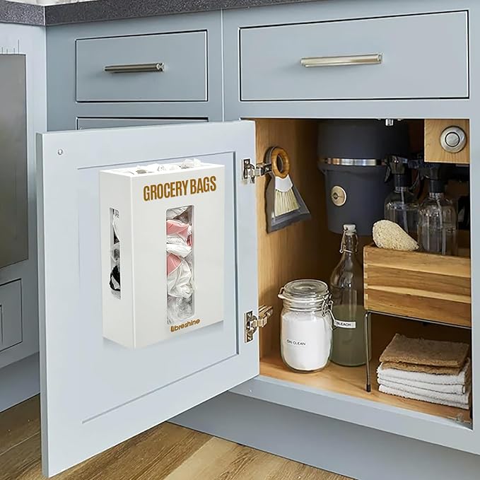 Large Grocery Bag Organizer Under Sink, Plastic Bag Holders for Grocery Bags Cabinet, Bamboo Grocery Bag Holder Wall Mount White