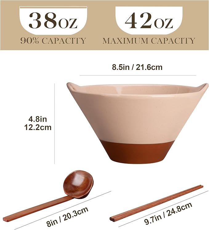 MALACASA 42 oz Ceramic Ramen Bowl Set with Wooden Spoon & Chopsticks, Japanese Style Soup Bowls for Ramen, Pho, Noodles – Set of 2, Microwave & Dishwasher Safe, Series TARA (Pink and Khaki)