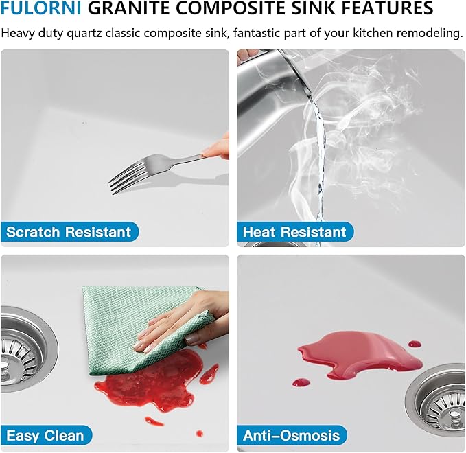 33x19 Granite Composite Kitchen Sink - Undermount Ledge Workstation White Quartz Classic Under Counter Single Bowl Basin