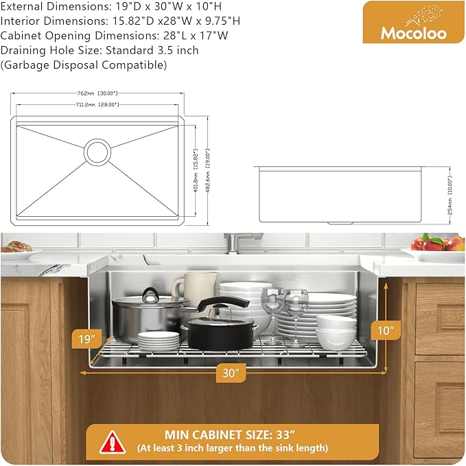 30 Undermount Kitchen Sink - Mocoloo 30x19 Inch Stainless Steel Kitchen Sink Workstation 16 Gauge Single Bowl Handmade Basin, 10 Inch Deep