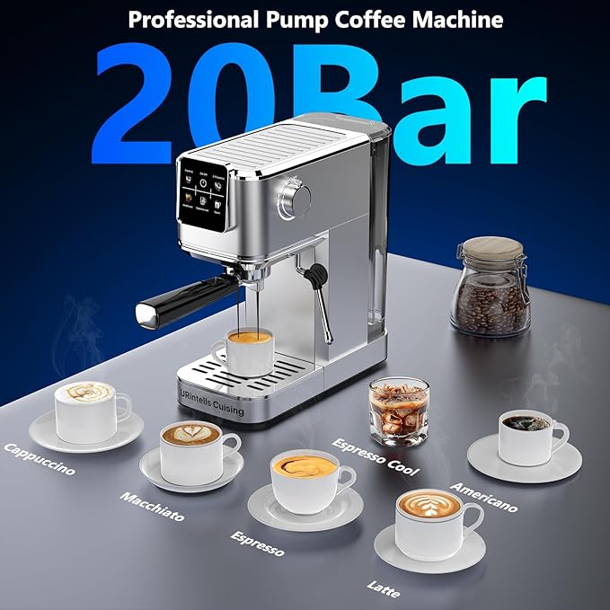 Espresso Machine 20 Bar,Touch Screen Espresso Maker with Steam Milk Frother,Stainless Steel Coffee Machine for Cappuccino Latte Americano Cold Brew,1350W Fast Heat Up System,Silver