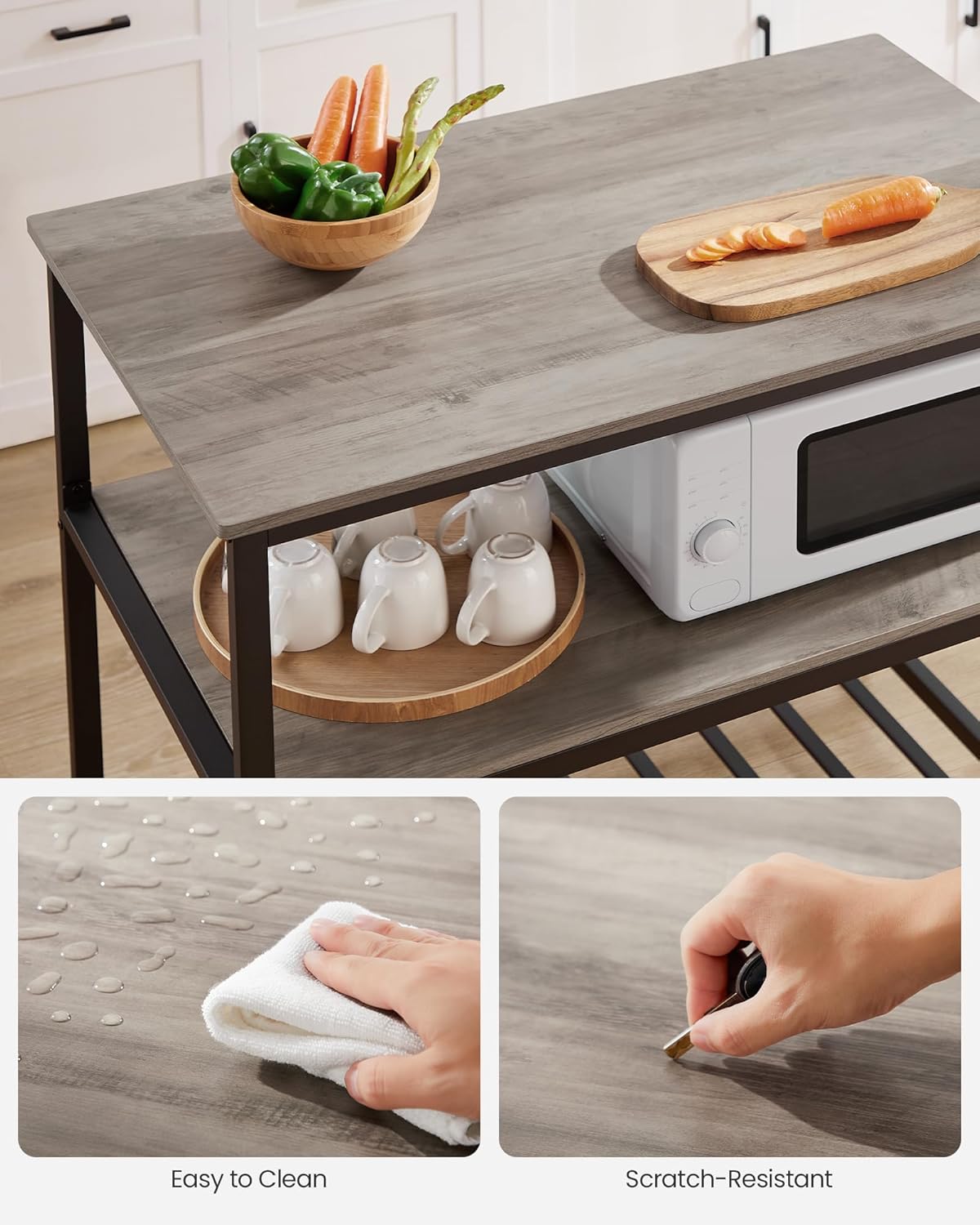 VASAGLE Kitchen Island with 3 Shelves, 39.4 Inches Width Kitchen Shelf with Large Worktop, Stable Steel Structure, Industrial, Easy to Assemble, Greige and Black UKKI005B02