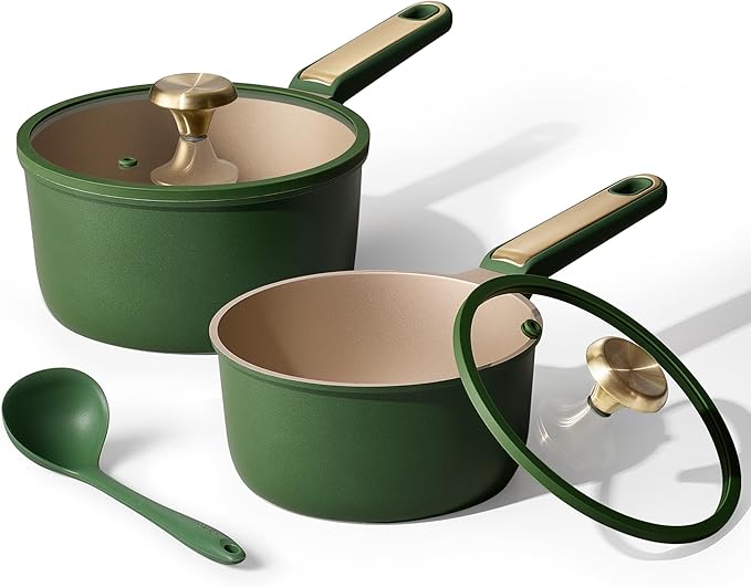 CAROTE 2QT & 2.5QT Sauce Pan Sets with Lid & Ladle Cooking Pots Nonstick Saucepans Cookware Set Small Kitchen Pot, Induction Comptable, Easy to Clean, PFOA FREE (Green)