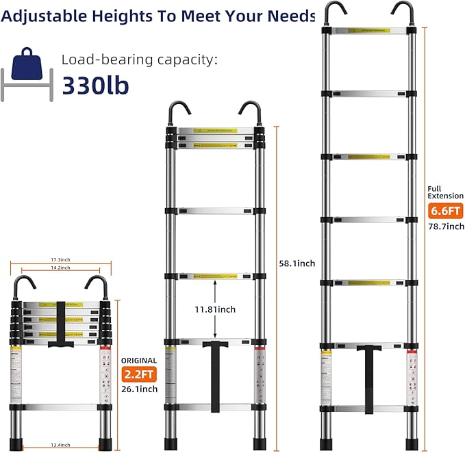 6.6ft Telescoping Ladder, Lightweight Collapsible Ladder with Hook, Aluminum Extension Ladders for Home, Folding Telescoping Ladder for RV, Attic, Daily Use at Home, 330 lbs…