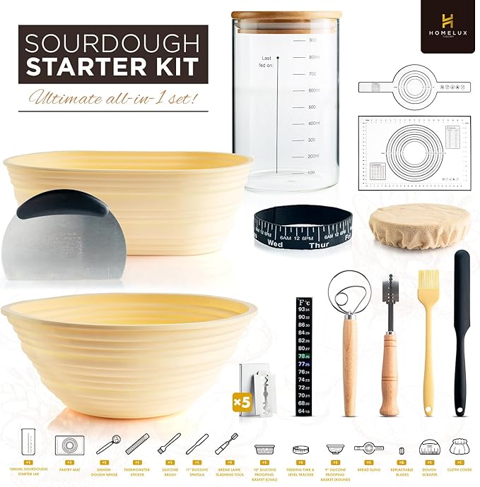 Sourdough Starter Kit, 14pcs Bread Making Kit & Sourdough Bread Baking Supplies Kit, Banneton Basket Kit for Sourdough Proofing with Bread Baking bowl for Artisan Breads (Yellow) by HOMELUX THEORY