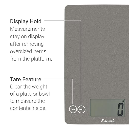 Escali Arti Glass Food Scale Digital Countertop Kitchen, Baking and Cooking Scale with Nutrition and Calorie Counter, 15-Pound Capacity, 9" x 6.5" x .75", Gray Storm