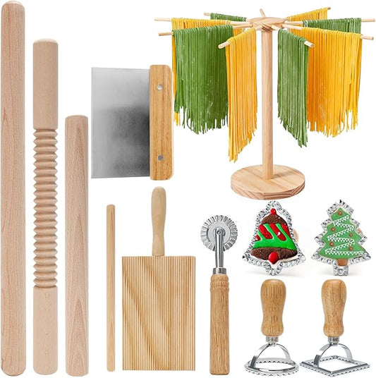 11 Pcs Pasta Making Tools with 4 Ravioli Stamps(Christmas Tree,Bell,Square,Round),Pasta Drying Rack, Threaded Rolling Pin, 2 Rolling Pins, Gnocchi Board,Dough Cutter, Wheel Cutter,Homemade Pasta Kit