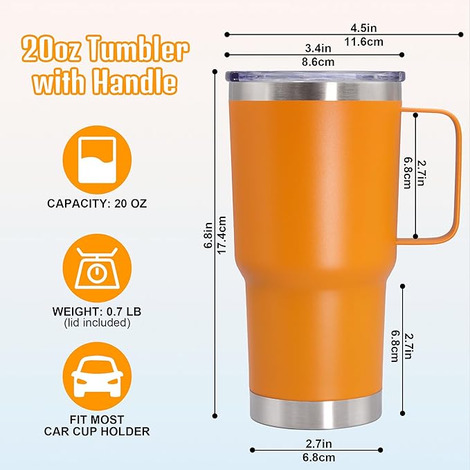 20 oz Tumbler with Handle and Lid, Stainless Steel Tumbler Insulated Travel Coffee Mug, Spill Proof Double Wall Vacuum Tumbler Cup Keep Drink Hot & Cold, Orange, 1 Pack
