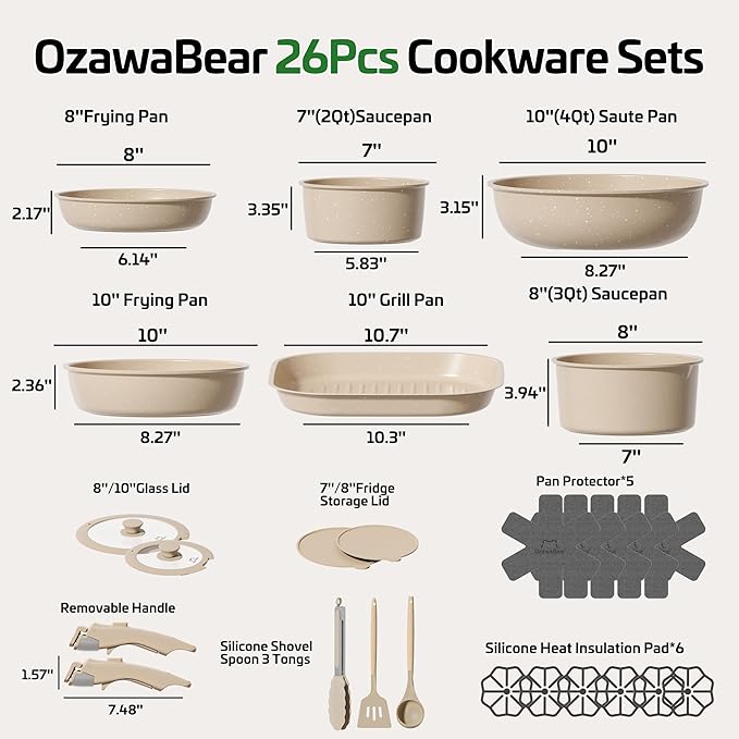 26 Pcs Pots and Pans Set Non Stick, Ceramic Cookware Set Non Toxic with Detachable Handles, Healthy Induction Cookware Oven Safe RV Kitchen Set, PFAS PFOA & PTFE Free, Taupe