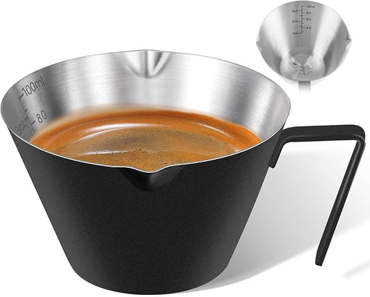 1Pc Stainless Steel Espresso Cups, Double Spout Metal Measuring Cup with Dual Scale, Espresso Shots Cup with Handle, Coffee Bean Weighing (Black), 3.4oz/100ml