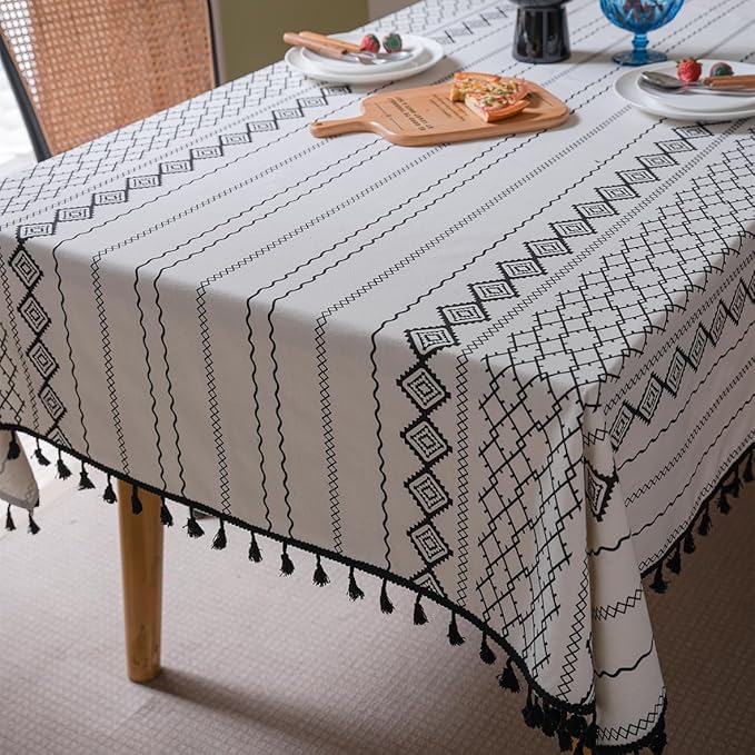 Cotton Linen Table Cloths Boho Farmhouse Heavy Fabric Table Cover Burlap Striped Washable Table Top For Parties Coffee Kitchen Picnic White Black Tassels(Rectangle/Oblong, 55" x 102"(8-10 Seats)