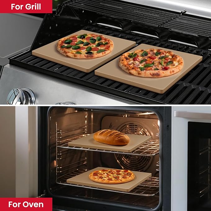 Unicook 2 PCS Pizza Stones Set, 12 Inch Square Pizza Stone for Oven and Grill, Cordierite Baking Pan for Crispy Crusts, Thermal Shock Resistant, Including Dough Scraper