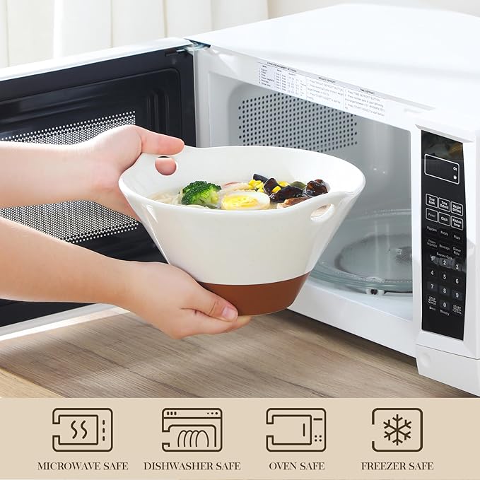 MALACASA 42 oz Ceramic Ramen Bowl Set with Wooden Spoon & Chopsticks, Japanese Style Soup Bowls for Ramen, Pho, Noodles – Set of 2, Microwave & Oven Safe – TARA Series (White and Khaki)