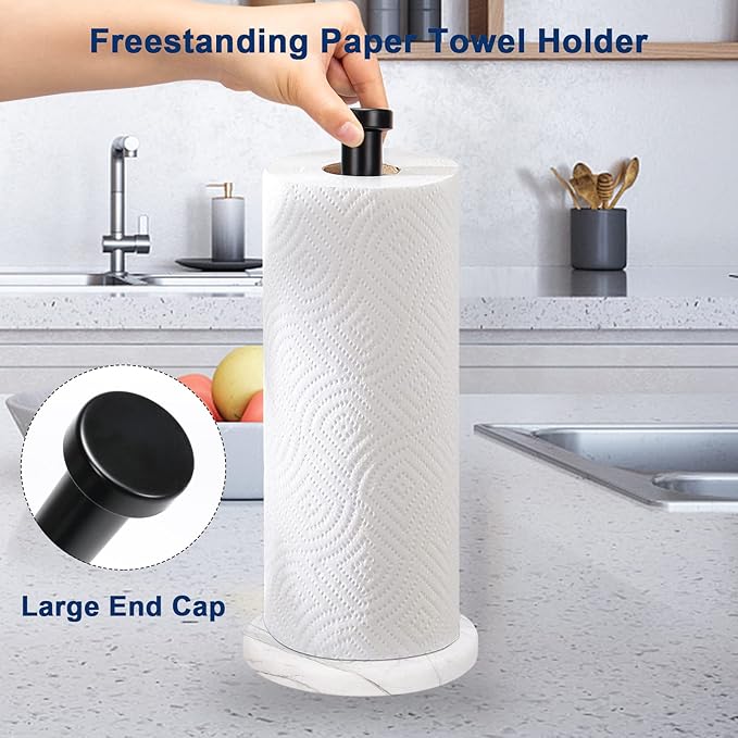 NearMoon Standing Paper Towel Holder, Kitchen Paper Towel Tissue Holder- for Bathroom Countertop, Standard or Jumbo-Sized Roll Paper (with Marble Base, Matte Black)