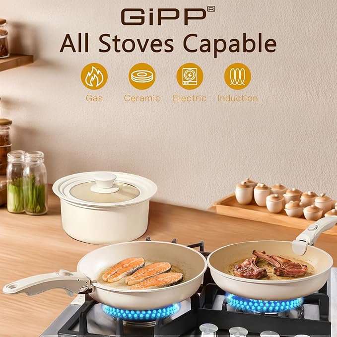 GiPP Ceramic Pots and Pans Set Non Stick, Nonstick Detachable Handle Cookware Sets, Healthy Non Toxic PFAS PFOA & PTFE Free, Dishwasher ＆Oven Safe, Induction Kitchen Pot and Pan, 21 Piece Cream