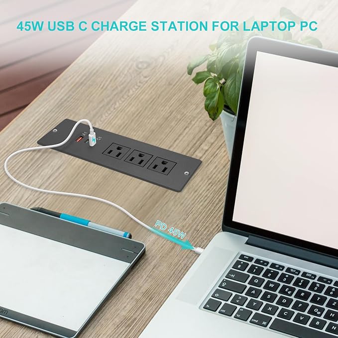 45W Recessed Power Strip USB C, Flush Mount Desk Extender 3 AC Outlets 2 PD USB-C&1 Fast Charge USB-A Ports,Flat Plug Extension Cord for Drawer Cabinet Countertop Table Conference Black
