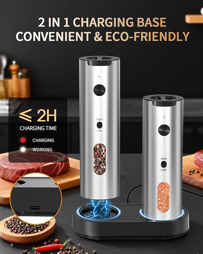 CIRCLE JOY Rechargeable Electric Salt and Pepper Grinder Set, 2-speed Stainless Steel Automatic Pepper Mill Grinder w/Charging Base, Adjustable Coarseness, LED Light, 110ml Large Capacity Top Fill