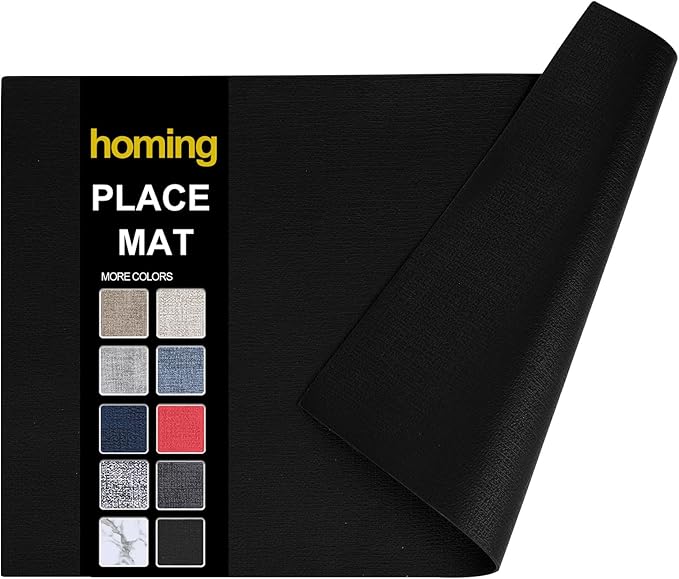 homing Faux Leather Heat Resistant Placemats 6 Packs, Waterproof Wipeable Dining PU Place Mats for Indoor & Outdoor, Easy to Clean, Black