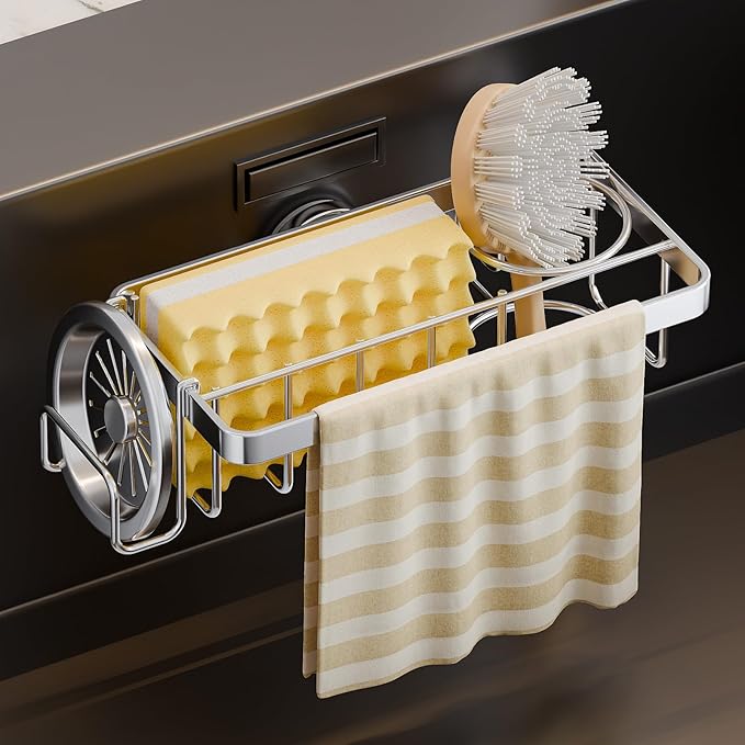 TAILI 4-in-1 Rustproof Sink Caddy & Sponge Holder with Removable Strong Suction Cup for Kitchen Sink - Silver