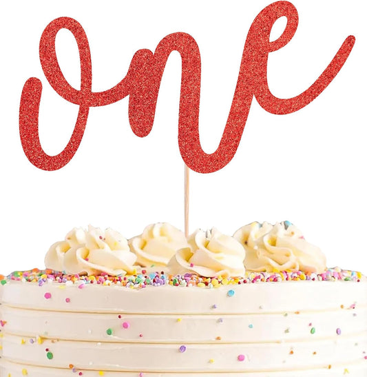 First Birthday Cake Topper - Red Glitter One Cake Decorating Supplies for Girls and Boys, Perfect for Baby Shower/Gender Revealing Party/Baby Party Photo Booth Props