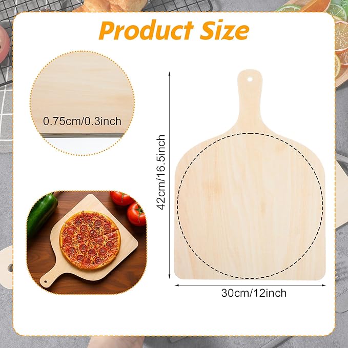 4 Pcs Wood Pizza Peel, 12 Inch Natural Cutting Board with Handle Large Cutting Board Pizza Spatula Paddle for Restaurant Baking Homemade Bread Fruit Vegetables Cheese