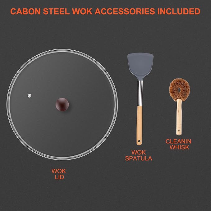 13" Nonstick Wok - Wok Pan with Glass Cover, Carbon Steel Woks & Stir-Fry Pans: Flat Bottom Chinese woks for Electric, Induction, Gas, All Stoves