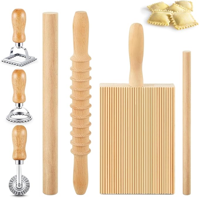 7 Pcs Wooden Pasta Maker Set, Gnocchi Board, Ravioli Stamp, Rolling Pin Kit with Pasta Cutter Wheel Tools for Homemade Gnocchi, Ravioli, Lasagna, Pierogi