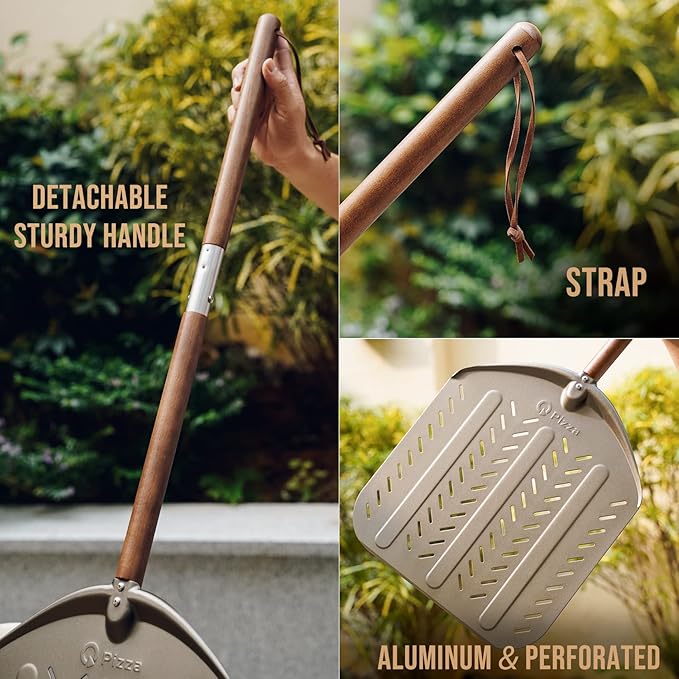 Q Pizza Perforated Pizza Peel 14" with Detachable Long Handle for Grill Oven, Large Pizza spatula Turning Paddle, Oven Accessory for Baking Bread Pastry Dough Pie Cake, Aluminium