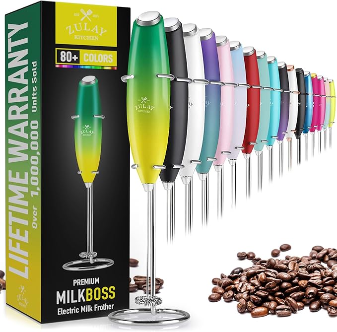 Zulay Powerful Milk Frother Handheld Foam Maker for Lattes - Whisk Drink Mixer for Coffee, Mini Foamer for Cappuccino, Frappe, Matcha, Hot Chocolate by Milk Boss (Kiwi)