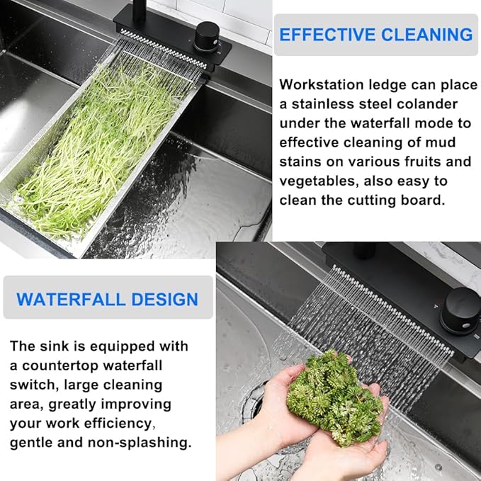 Black Kitchen Sink with Waterfall Faucet Combo, 33x22 Drop in Kitchen Sink with Faucet Stainless Steel 16 Gauge Single Bowl Modern Ledge Workstation