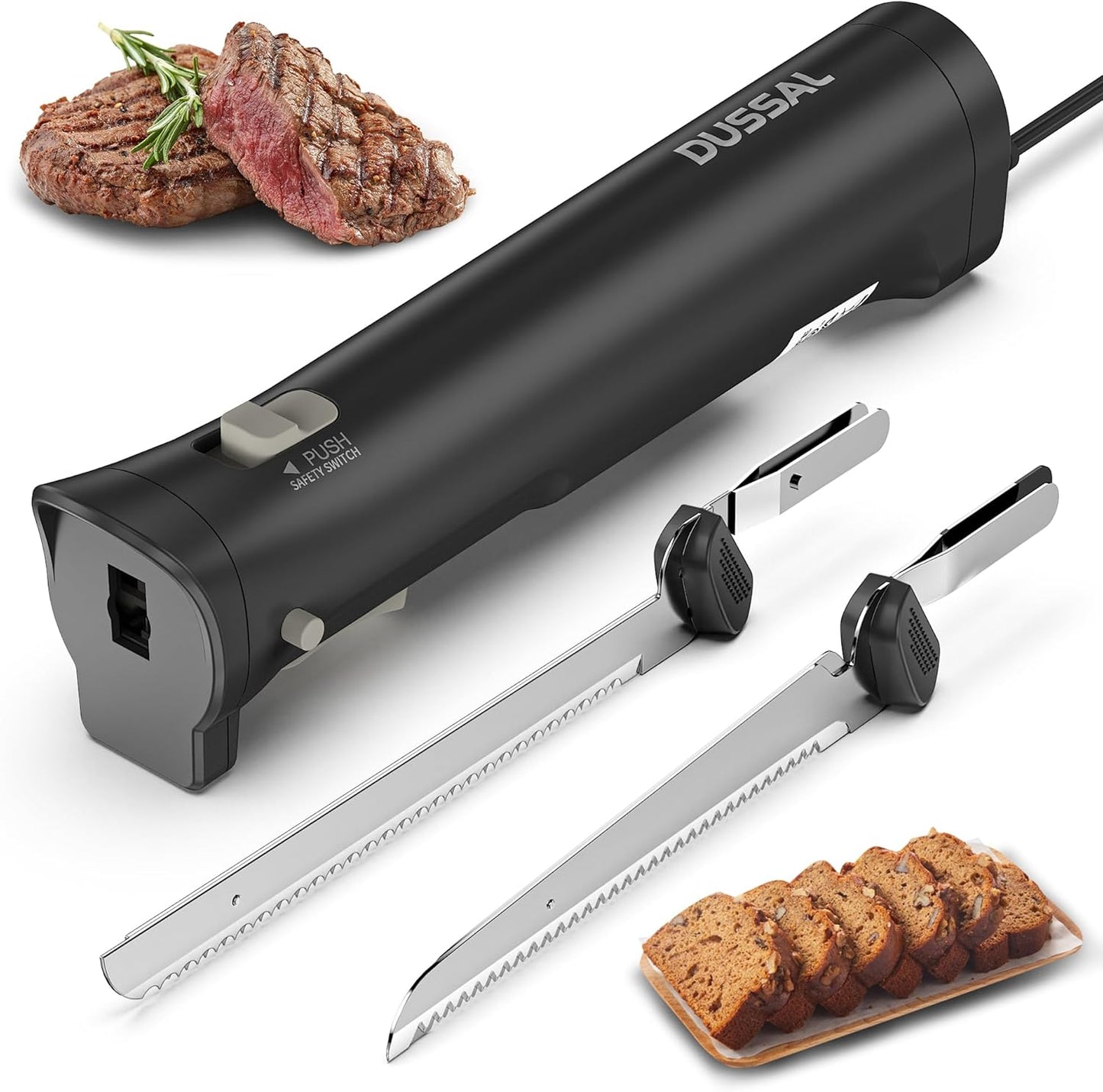 DUSSAL Electric Knife, Electric Bread Knife with 4 Stainless Steel Blades, Safety Lock Switch, Blade Release Buttons, On/Off button, Cutting Meats, Fish, Poultry, Bread, Cheese & More (Black)
