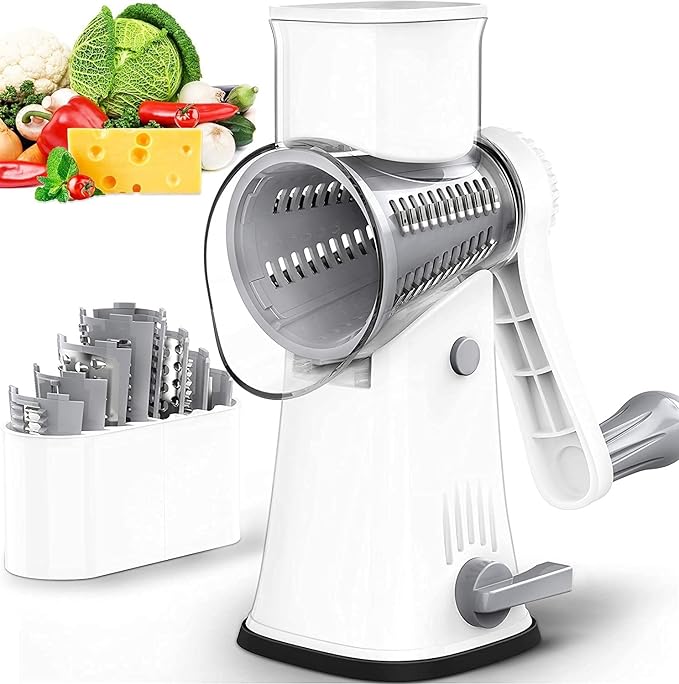Rotary Cheese Grater Chopper Vegetable Cutter Slicer with Stainless Steel Drum Blades for kitchen, 5 in 1 Manual Round Mandoline Julienne Shredder Potato Grinder for Fruit, Nuts,Onion White