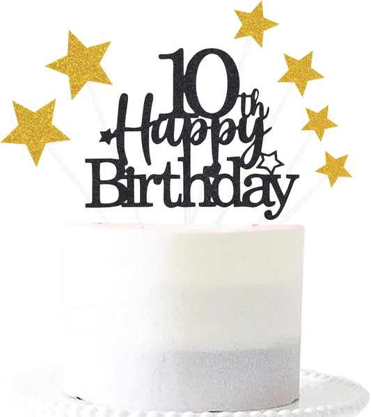 Glittery 10th Happy Birthday Cake Topper with Star,Personalised 10 Birthday Cake Toppers Party Decorations Party Supplies for Boys Girls Black Gold