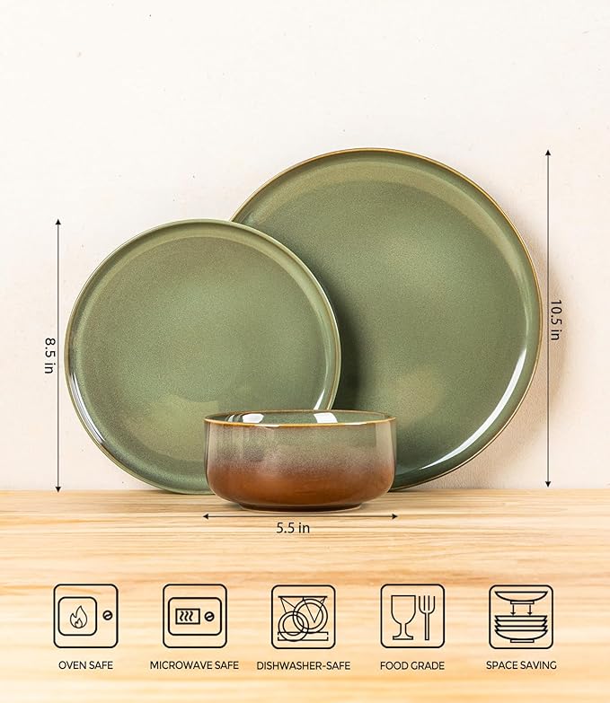 TheTerra Ceramic Dinnerware Sets for 4, 12 Pieces Handmade Reactive Glaze Plates and Bowls Set, Scratch Resistant Dish Set, Oven & Microwave & Dishwasher Safe, Brown Green