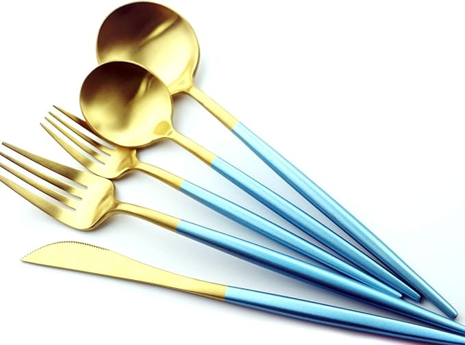 Gugrida 5 Pieces Matte Gold Blue Handle 1810 Stainless Steel Silverware Set
