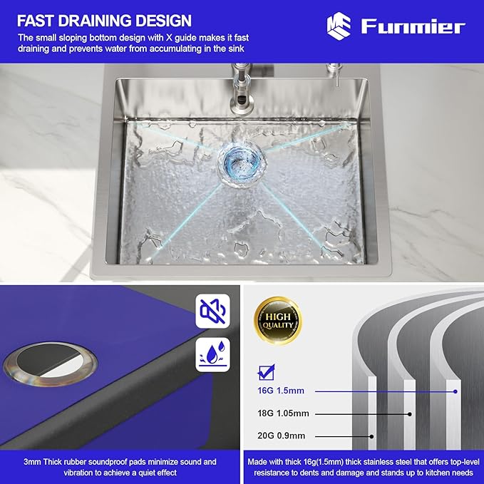 25 Drop In Kitchen Sink - 25 x 22 Inch Stainless Steel Kitchen Sinks Topmount 16 Gauge Single Bowl Above Counter Handmade Bar Sink with Offset Drainer