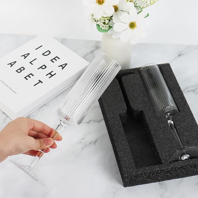 Topsky Ribbed Champagne Flutes Set of 2, 8 oz Crystal Champagne Glasses, Vintage Unique Ridged Design, Clear Mimosa Glasses, Cocktail or Wedding Toasting Glasses, Outer Stripe