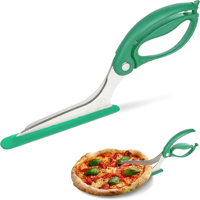 Loftern Green Pizza Scissors - Non-Stick Pizza Scissors with Firm Grip Base - Food Grade Stainless Steel Pizza Cutter - 5-in-1 Food Slicer & Pizza Server - Durable, Safe & Mess Free