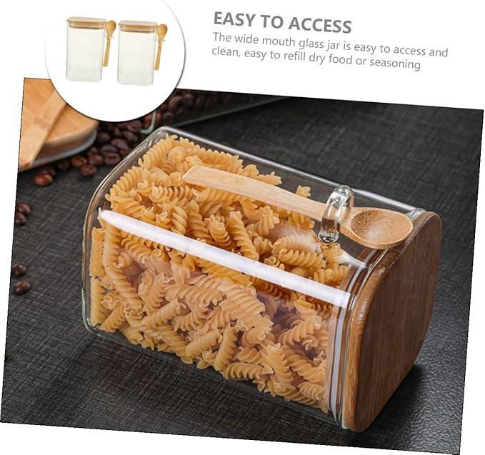 2 Sets Glass Food Storage Containers with Wood Lids and Spoons Airtight Sealed Clear Coffee Bean Holders and Tea Pots Easy Scoop Kitchen Pantry Jars for Freshness and Meal Prep