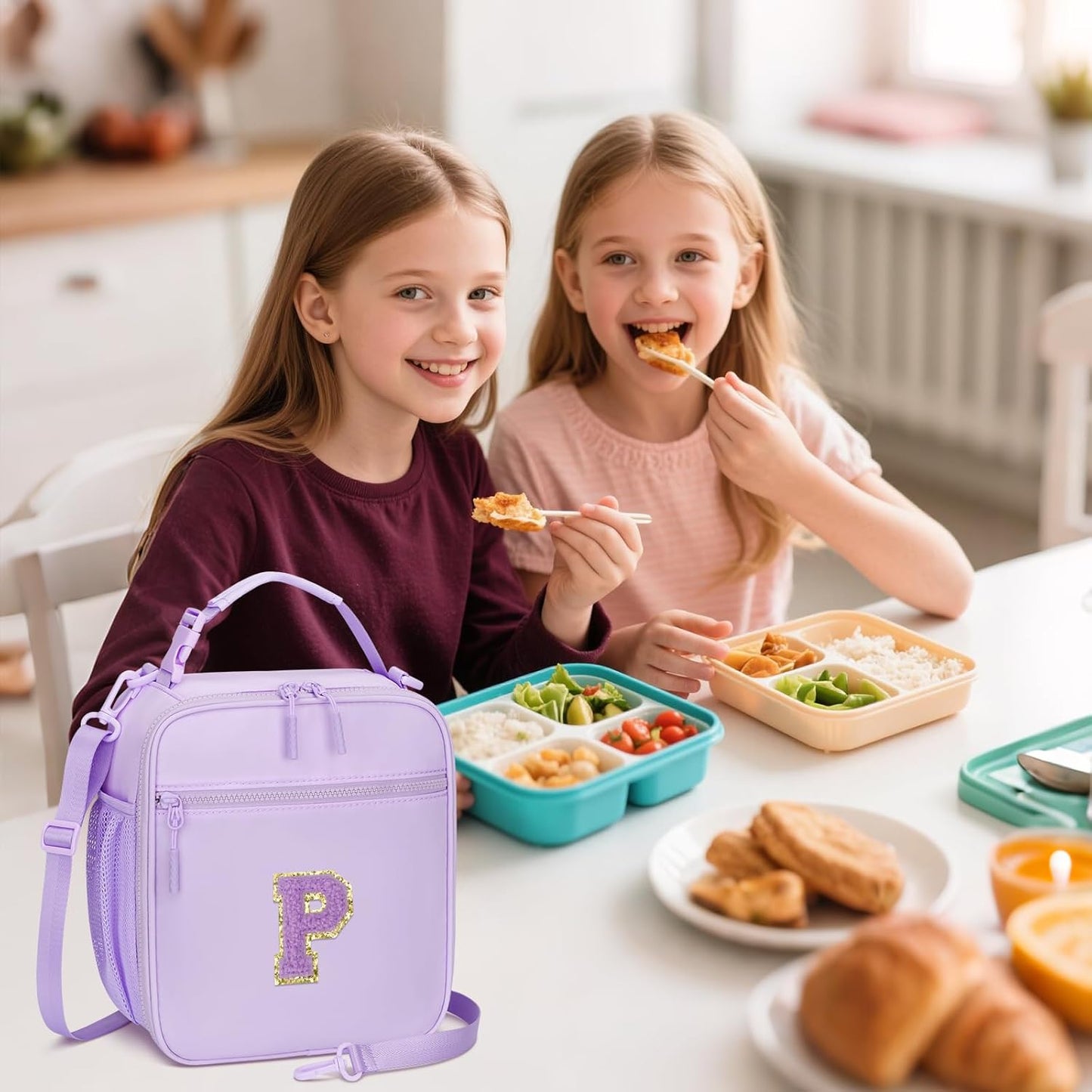 Initial Insulated Lunch Bag for Girls Kids, Back to School Gift, Reusable Leak-proof Lunch Box with Adjustable Strap for School Daycare Travel Picnic (Purple,P)