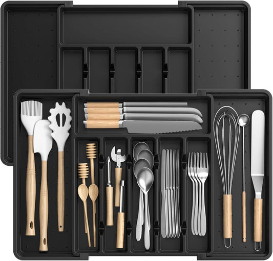 Large Silverware Organizer,Expandable Utensil Drawer Organizer,BPA Free Utensil Holder,Adjustable Silverware Tray Cutlery Drawer Organizer for Kitchen Flatware,Large,Black,2 Pack