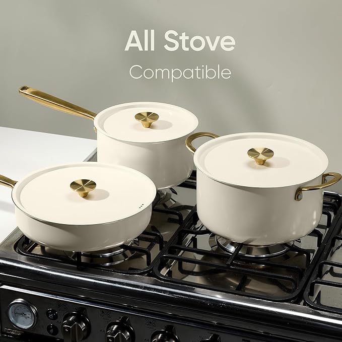 CAROTE 24pcs Tri-Ply Stainless Steel Cookware Set, Pots and Pans Set, Non Toxic Induction Kitchen Cooking Sets, Cookware Collection, Outer Ceramic Layer, Cream White