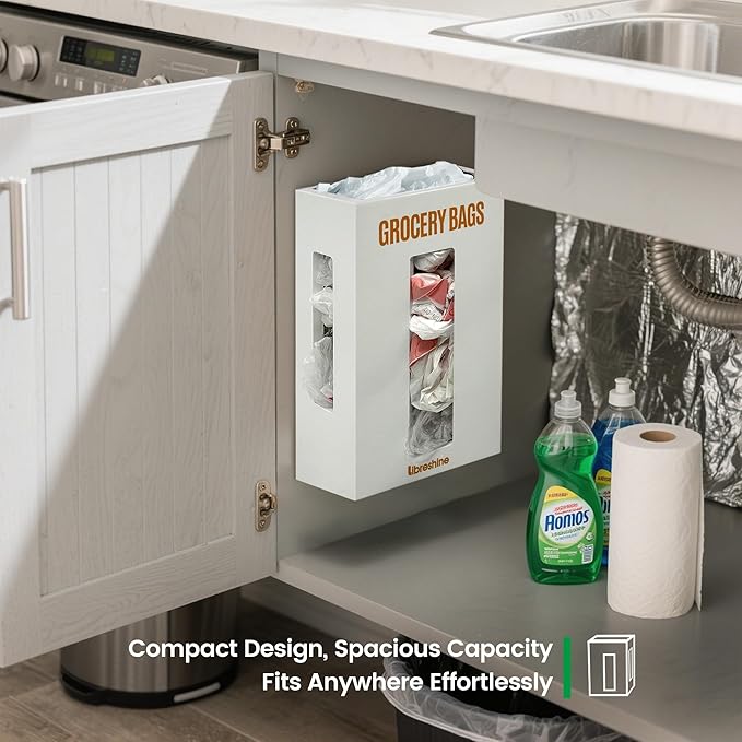 Large Grocery Bag Organizer Under Sink, Plastic Bag Holders for Grocery Bags Cabinet, Bamboo Grocery Bag Holder Wall Mount White