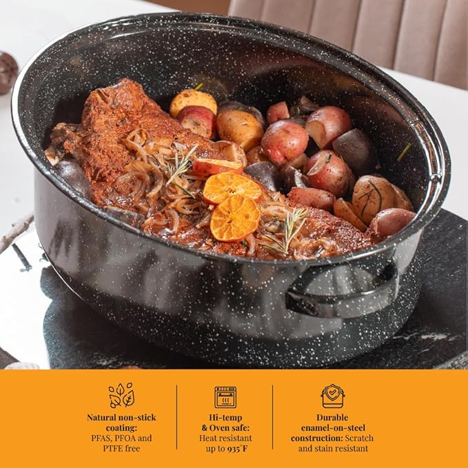 Granite Ware 19 inch oval roaster with Lid, Oval Rack included (Speckled Black) - design to accommodate up to 20 lb poultry/roast. Resists up to 932°F