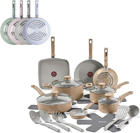 T-Fal Refresh Ceramic Nonstick Cookware Set, 20-Piece, Oven Safe to 350°F, Stockpot, Ceramic Pots and Pans Set, Frying Pans, Griddle, Utensils, Sand Beige