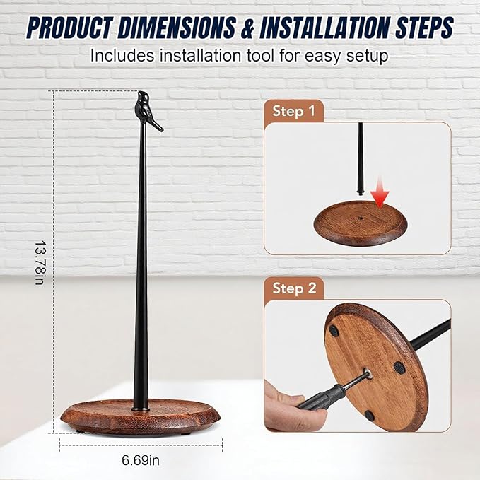 Wooden Cute Bird Shaped Countertop Paper Towel Holder, Solid Wood Base with Iron Rod, with Non-Slip Pad, Stable and Durable, Suitable for Kitchen, Dining Table and Home Decoration (Black-3)